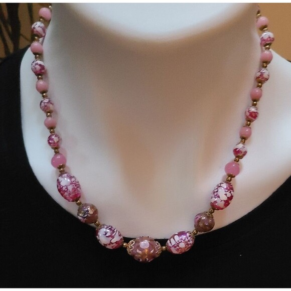 Vintage Venetian Wedding Cake Pink Opaline Murano Glass Bead Necklace 18” - Picture 2 of 6